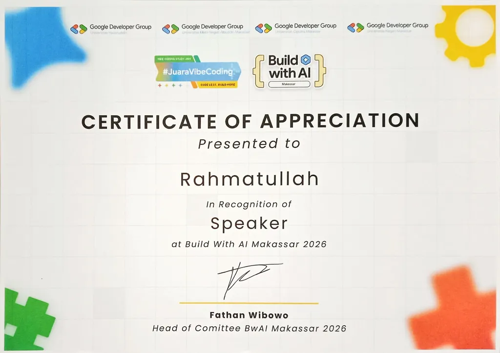 Speaker, Google Build with AI 2026 — GDGoC Makassar Certificate