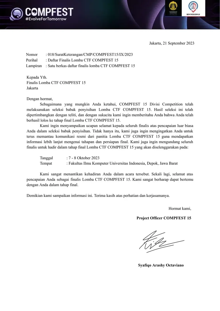 Finalist, CTF COMPFEST 15 — University of Indonesia Award