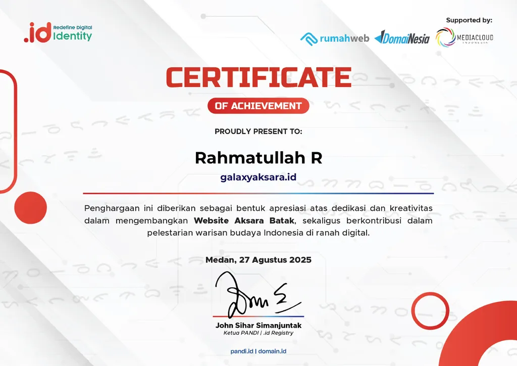 Finalist, Batak Script Website Competition — Domain.id Certificate