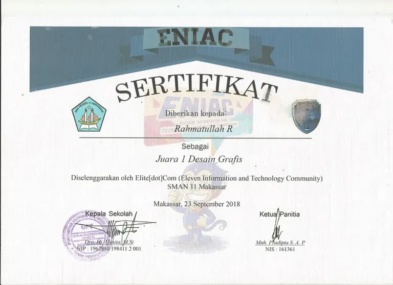 1st Winner of Design Graphic Competition (ENIAC VOL. I) Certificate