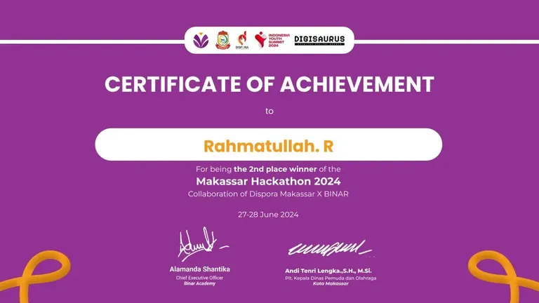 2nd Winner Makassar Hackathon 2024 (Binar Academy) Certificate