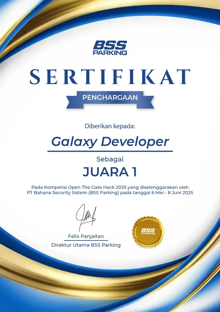 1st Winner OpenTheGate Hackathon 2025 (BSS Parking) Certificate