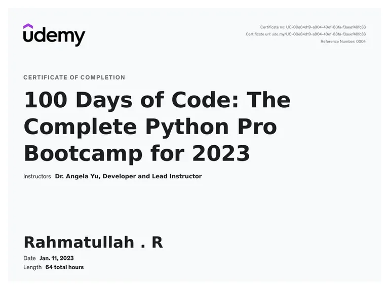 100 Days of Code: The Complete Python Pro Bootcamp, The App Brewery certificate
