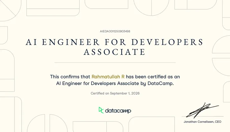 AI Engineer for Developers Associate, DataCamp certificate
