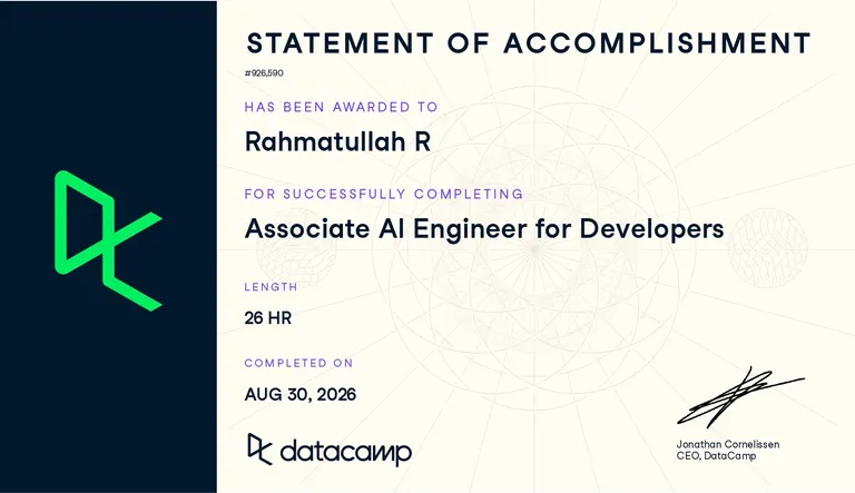 Associate AI Engineer for Developers, DataCamp certificate