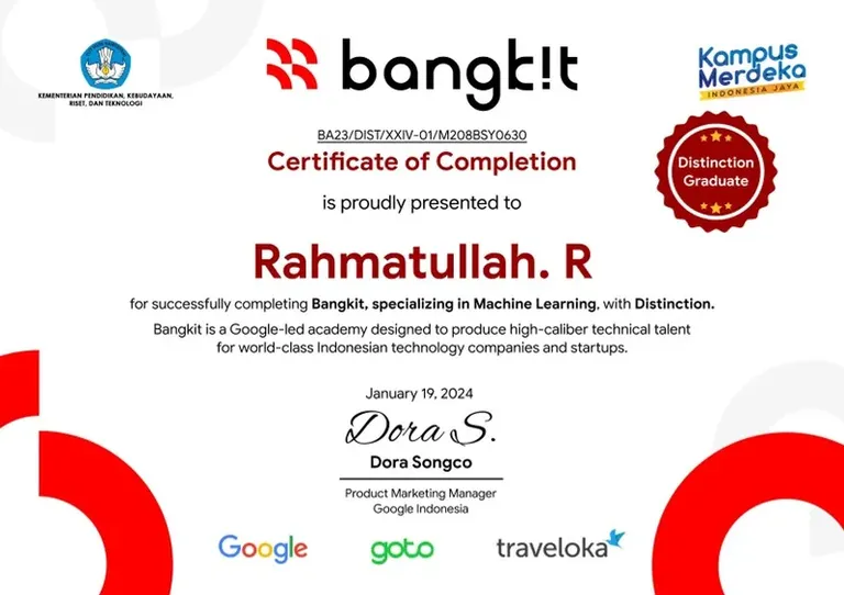 Bangkit Machine Learning Graduate with Distinction certificate
