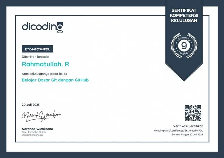 Learn the Basics of Git with GitHub, Dicoding certificate