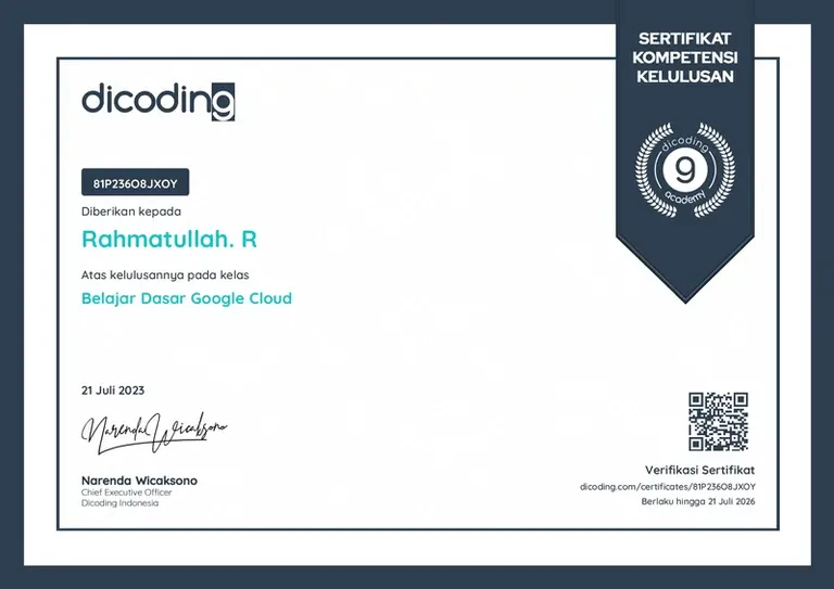 Learn the Basics of Google Cloud, Dicoding certificate