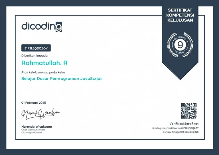 Learn the Basics of JavaScript Programming, Dicoding certificate