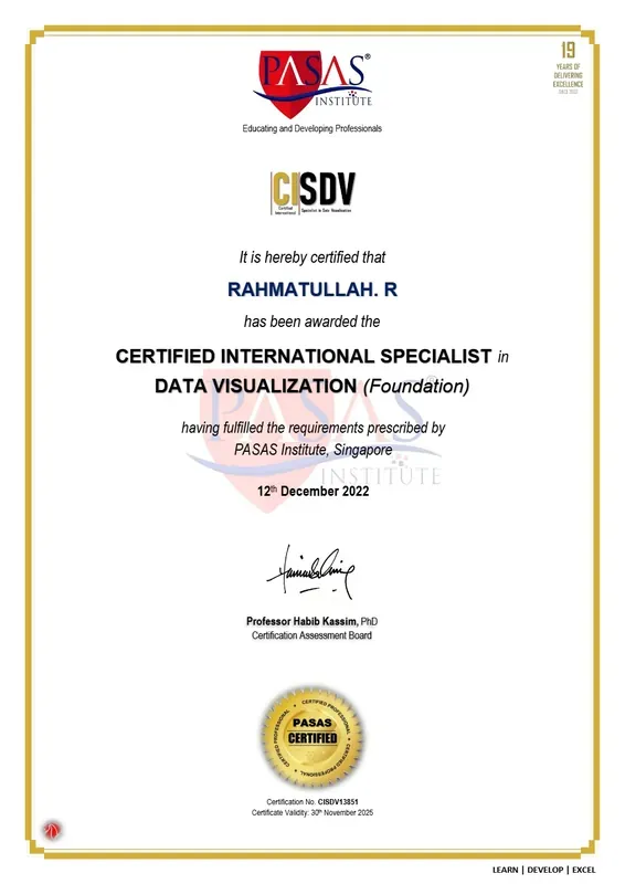 Certified International Specialist in Data Visualization (CISDV), PASAS Institute certificate