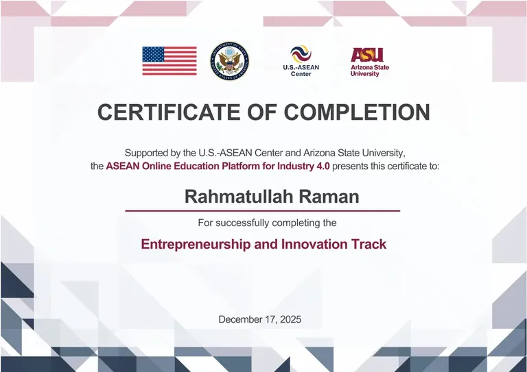 Entrepreneurship and Innovation Track, U.S.-ASEAN Center and Arizona State University certificate