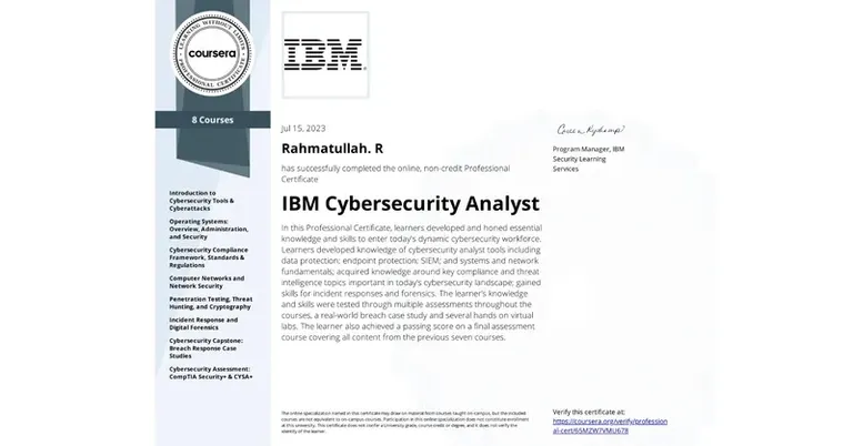 Cybersecurity Analyst Specialization, IBM certificate