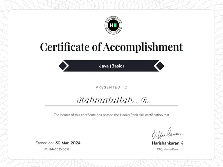 Java (Basic), HackerRank certificate