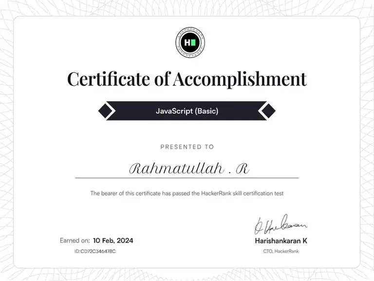 JavaScript (Basic), HackerRank certificate