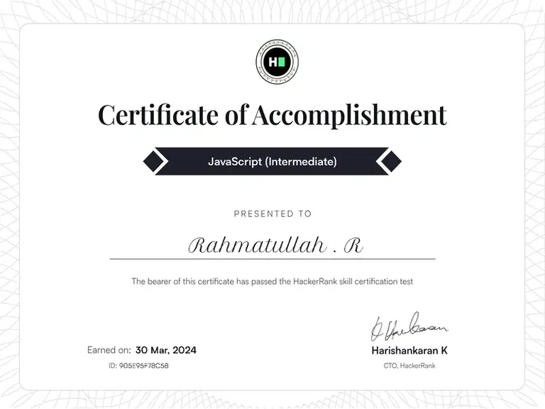 JavaScript (Intermediate), HackerRank certificate