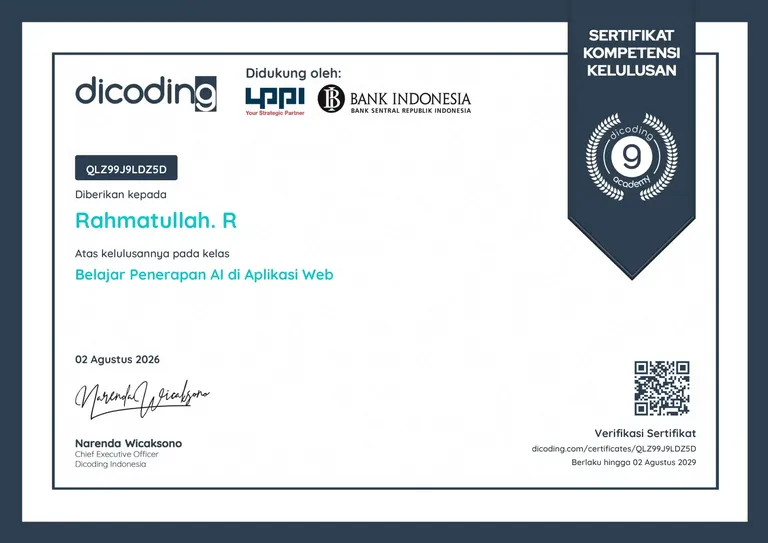 Learn AI Implementation in Web Applications, Dicoding certificate