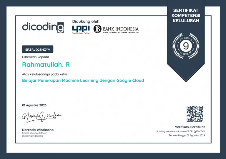Learn Machine Learning Implementation with Google Cloud, Dicoding certificate