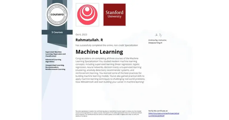 Machine Learning Specialization, DeepLearning.AI and Stanford University certificate