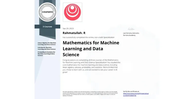 Mathematics for Machine Learning and Data Science Specialization, DeepLearning.AI certificate