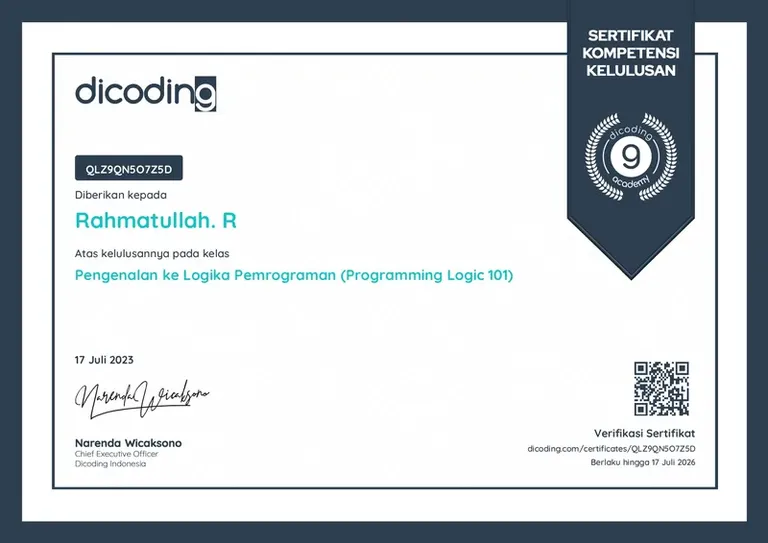 Introduction to Programming Logic (Programming Logic 101), Dicoding certificate