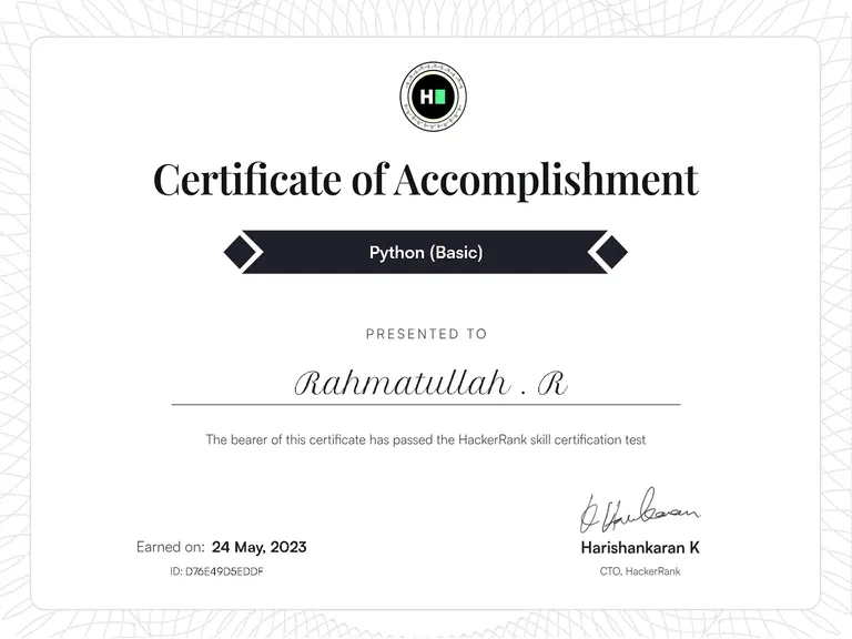 Python (Basic), HackerRank certificate
