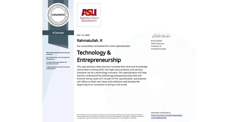 Technology & Entrepreneurship, Arizona State University certificate